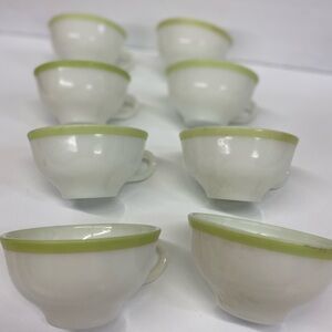 Vintage Pyrex Milk Glass with Lime Green Band Tea Cups Set of 8